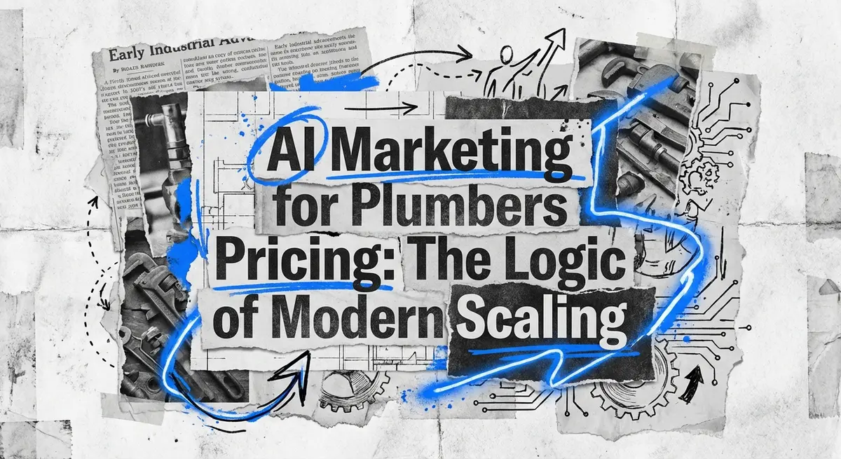 AI Marketing for Plumbers Pricing collage style with torn paper and electric blue accents