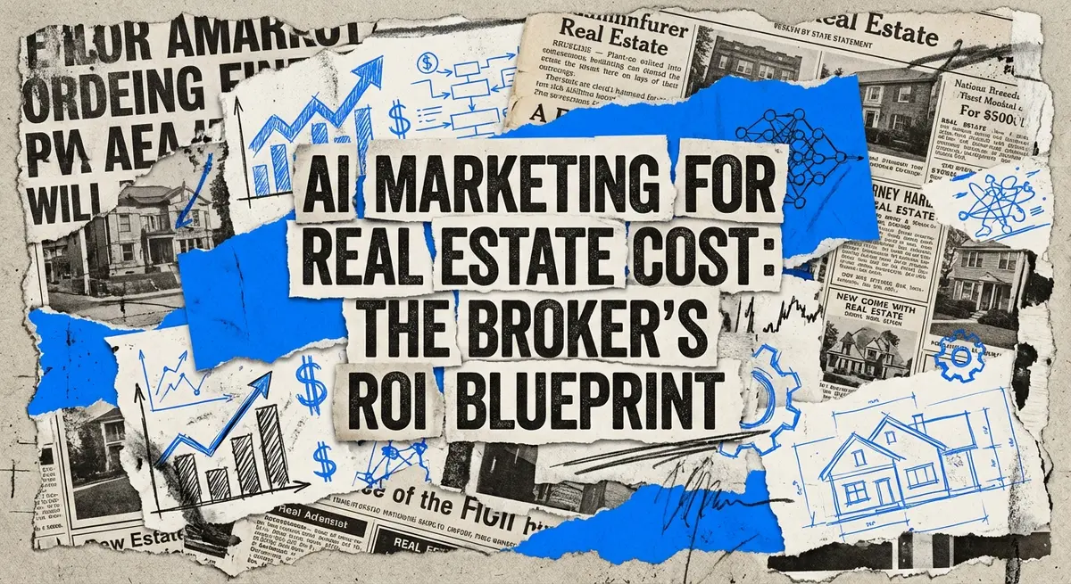 AI marketing for real estate cost torn paper collage with electric blue accents