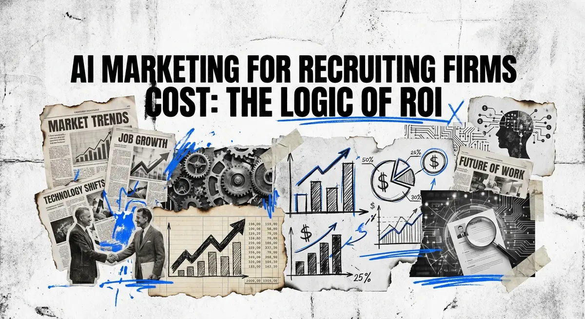 Torn paper collage illustrating ai marketing for recruiting firms cost with financial charts and digital elements
