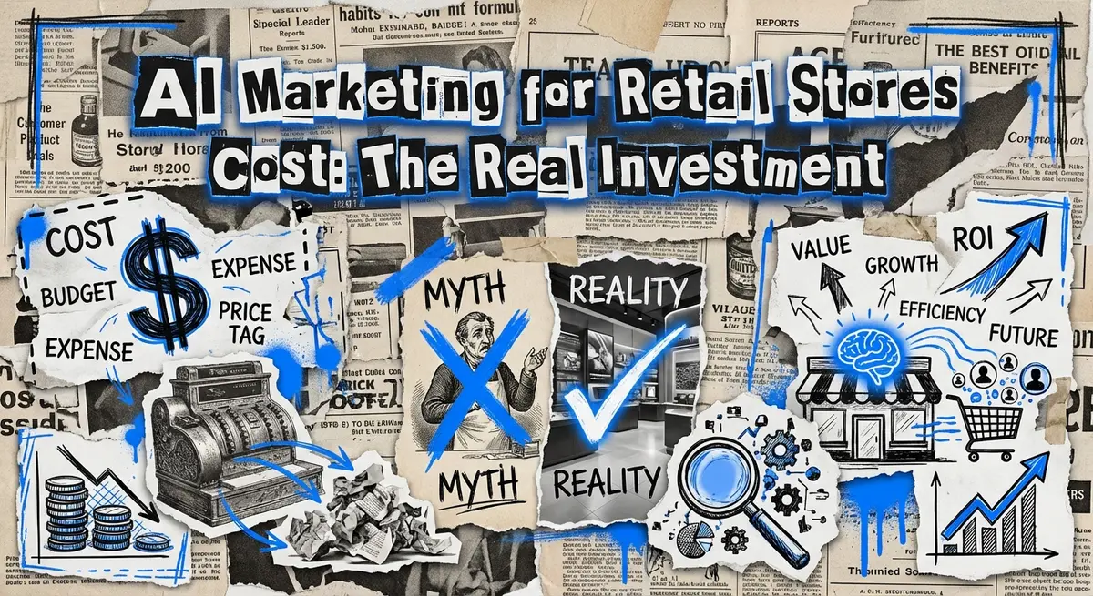 AI marketing for retail stores cost breakdown represented by torn paper collage