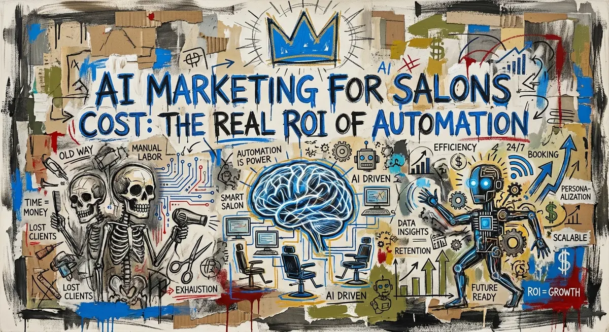 AI Marketing for Salons Cost artistic interpretation with Basquiat style elements and blue accents