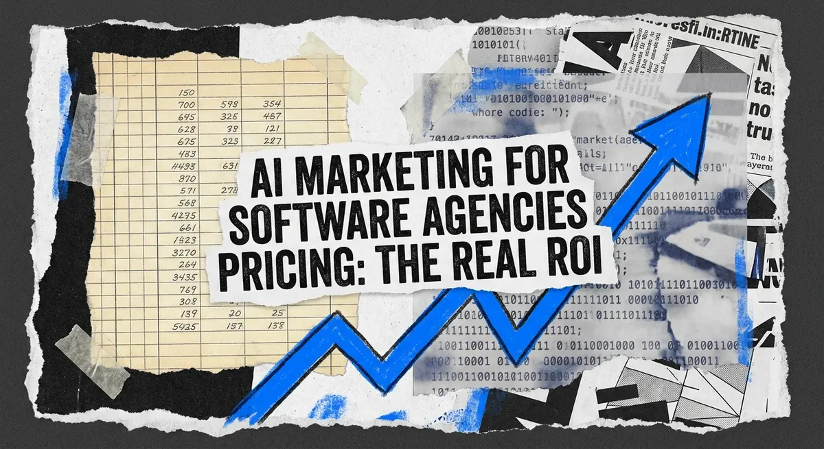 AI marketing for software agencies pricing collage with torn paper and digital elements