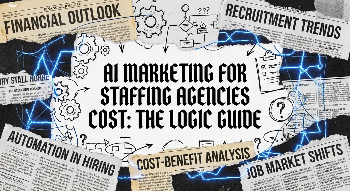 AI marketing for staffing agencies cost featured image showing torn paper collage with financial and recruitment themes