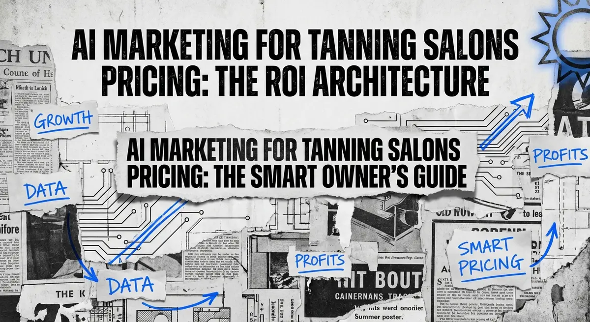 AI marketing for tanning salons pricing guide visualized as a torn paper collage with electric blue accents