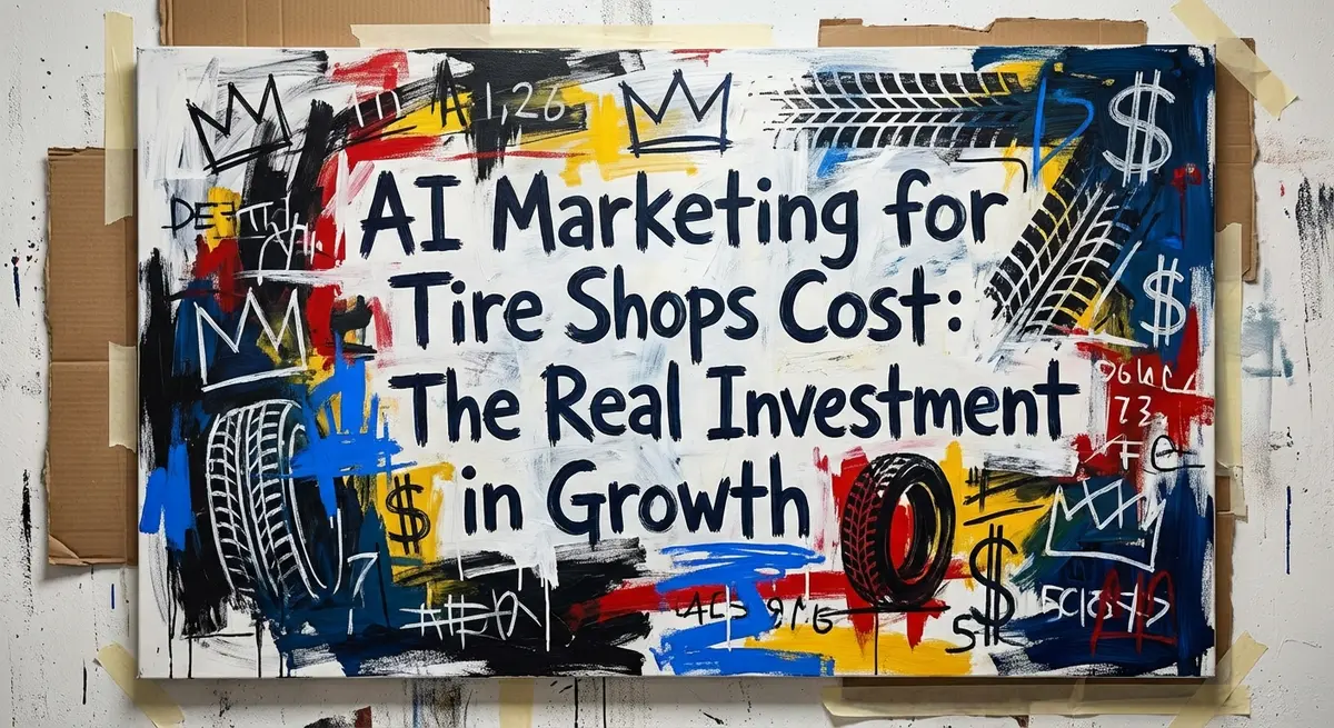 AI marketing for tire shops cost illustration in neo-expressionist style with electric blue accents