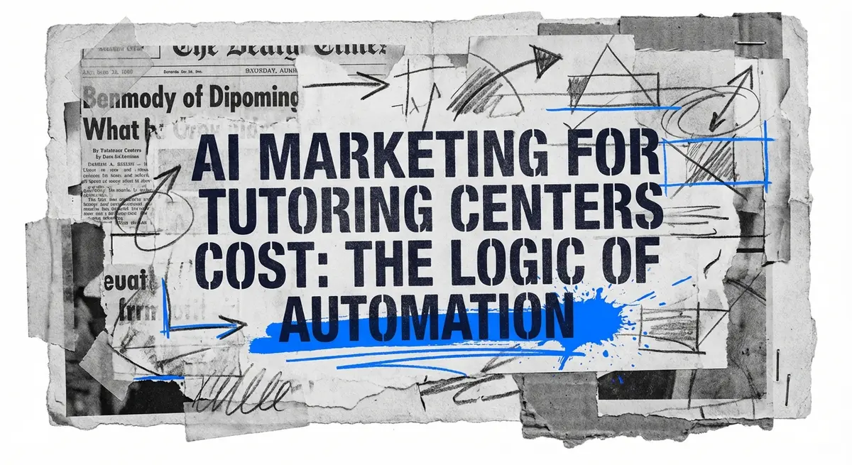 AI marketing for tutoring centers cost collage with torn paper and electric blue accents