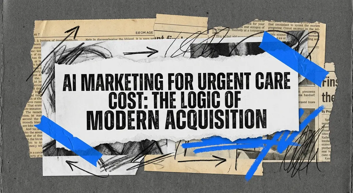 AI marketing for urgent care cost collage with torn paper and electric blue accents