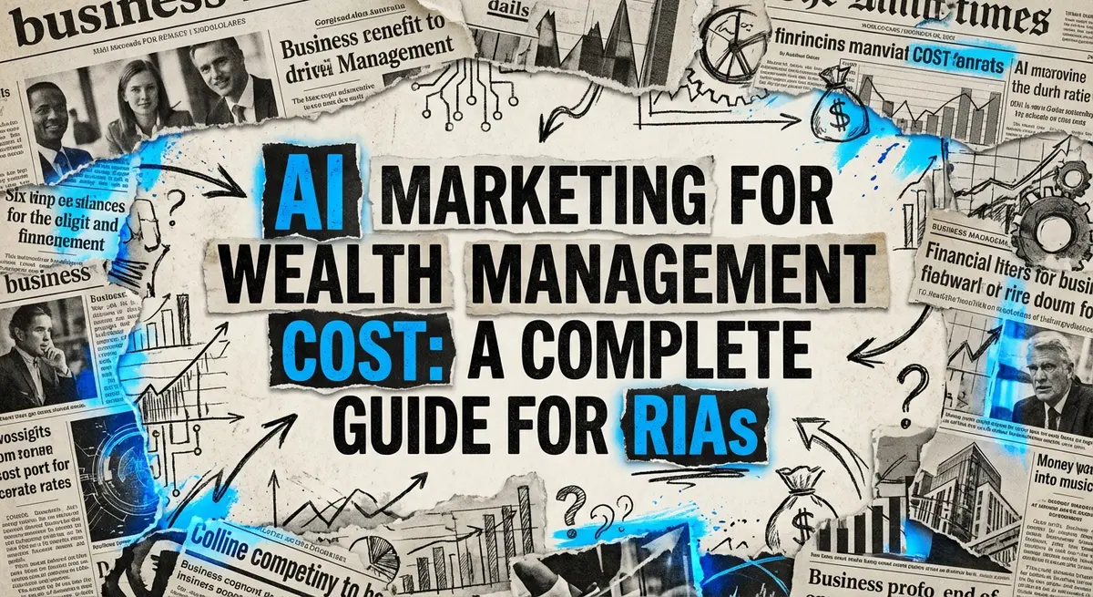 AI marketing for wealth management cost featured image showing torn paper collage style with electric blue accents
