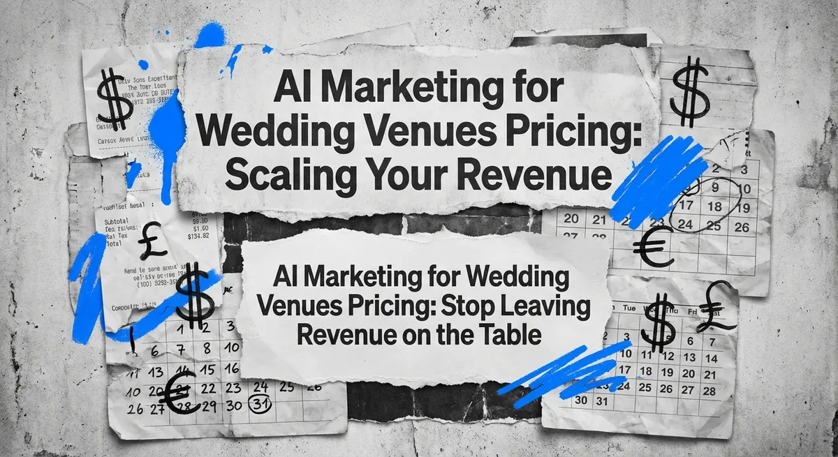 AI marketing for wedding venues pricing collage with torn paper receipts and blue accents
