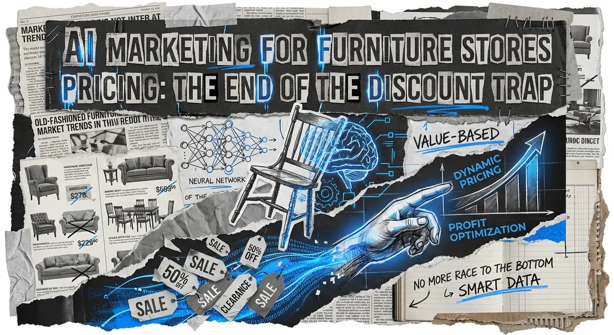 AI Marketing for Furniture Stores Pricing abstract collage with torn paper and blue accents