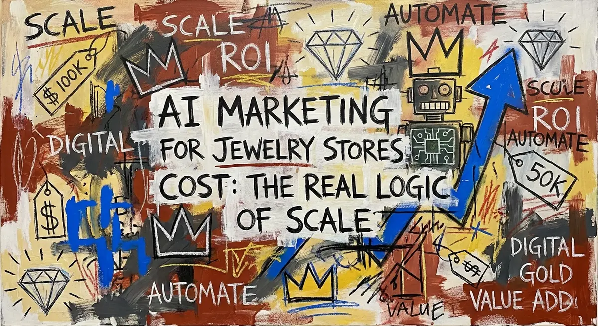Basquiat style art featuring ai marketing for jewelry stores cost text with diamond and crown symbols