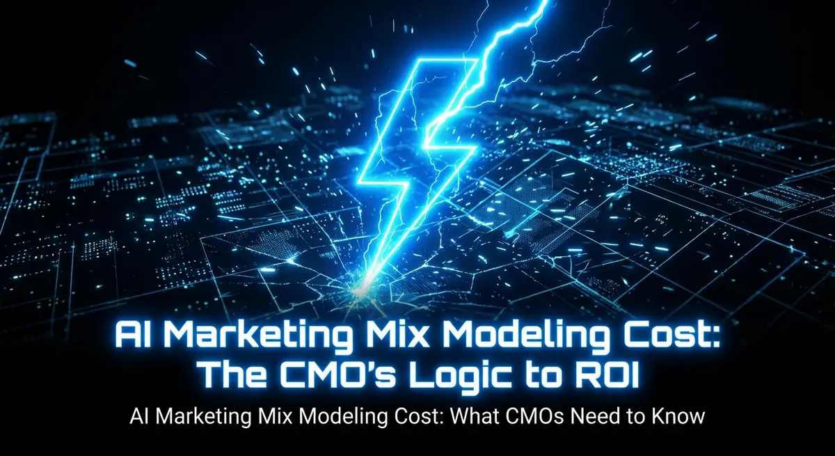 AI marketing mix modeling cost visualization with electric blue lightning and digital analytics data