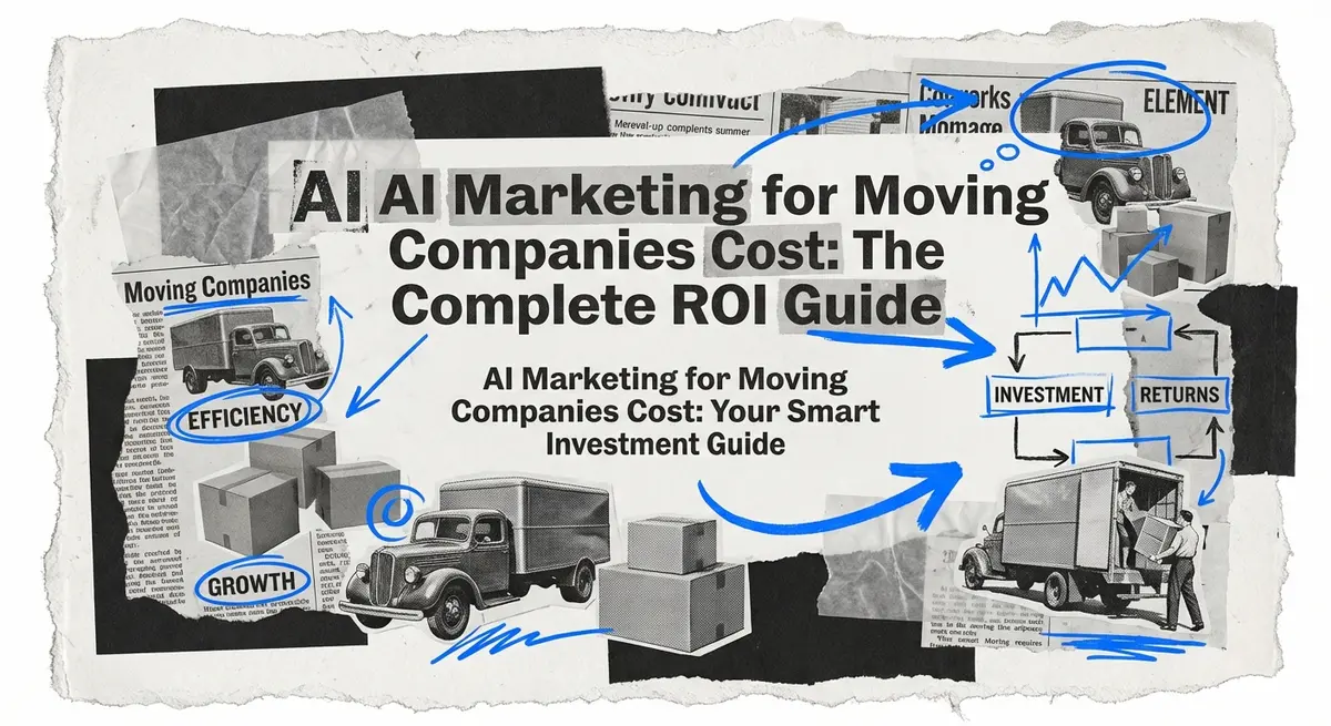 AI marketing for moving companies cost collage with torn paper and electric blue accents