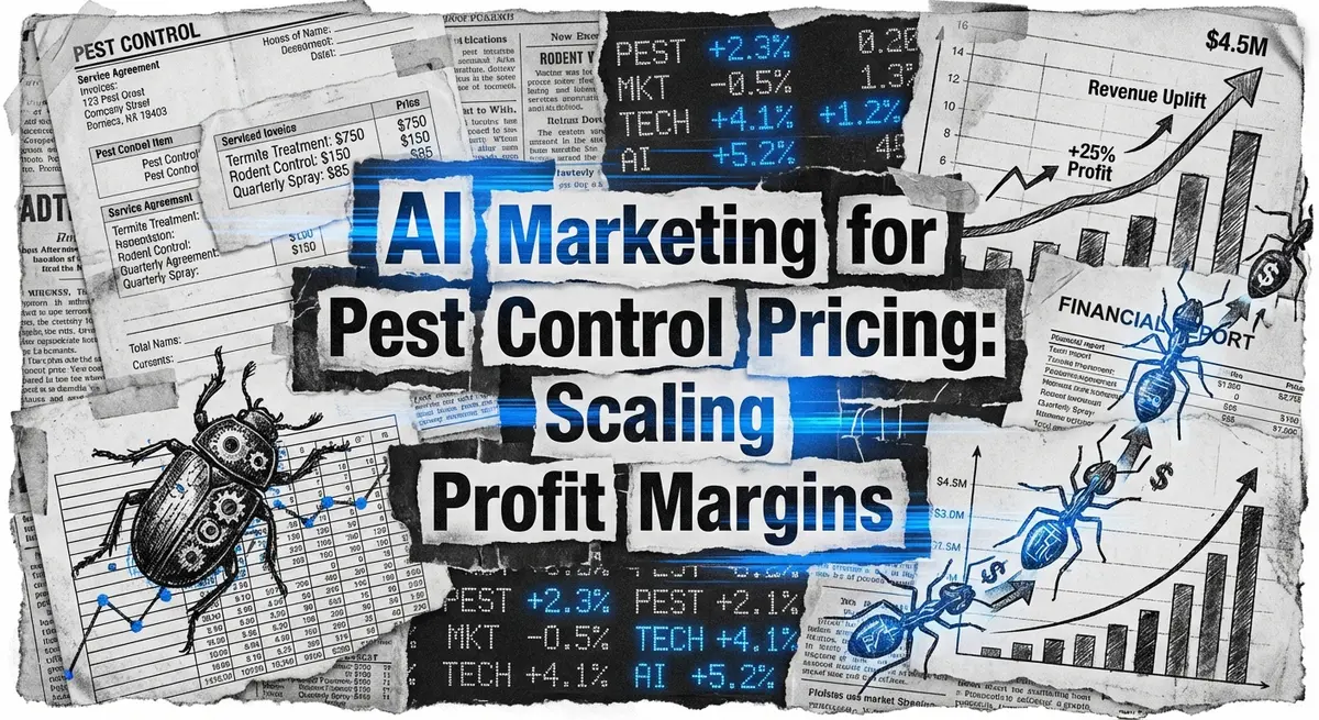 AI marketing for pest control pricing collage with torn paper and blue accents