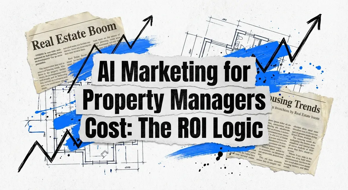 AI marketing for property managers cost analysis collage with torn paper and blue accents