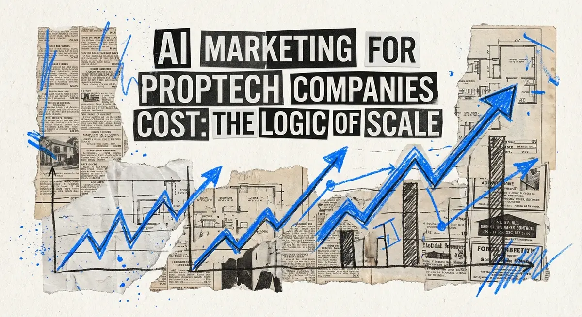 AI marketing for proptech companies cost collage with torn paper and electric blue accents