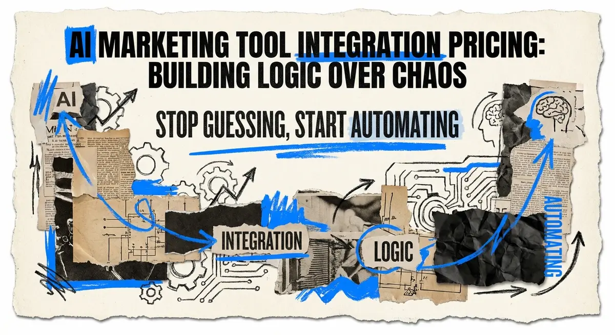 AI marketing tool integration pricing guide featuring torn paper collage art with electric blue accents