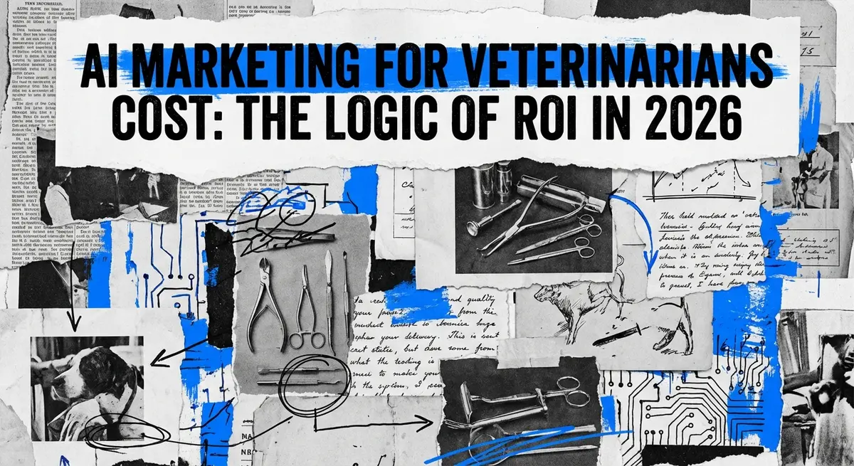 AI marketing for veterinarians cost collage showing digital ROI metrics and vintage medical sketches