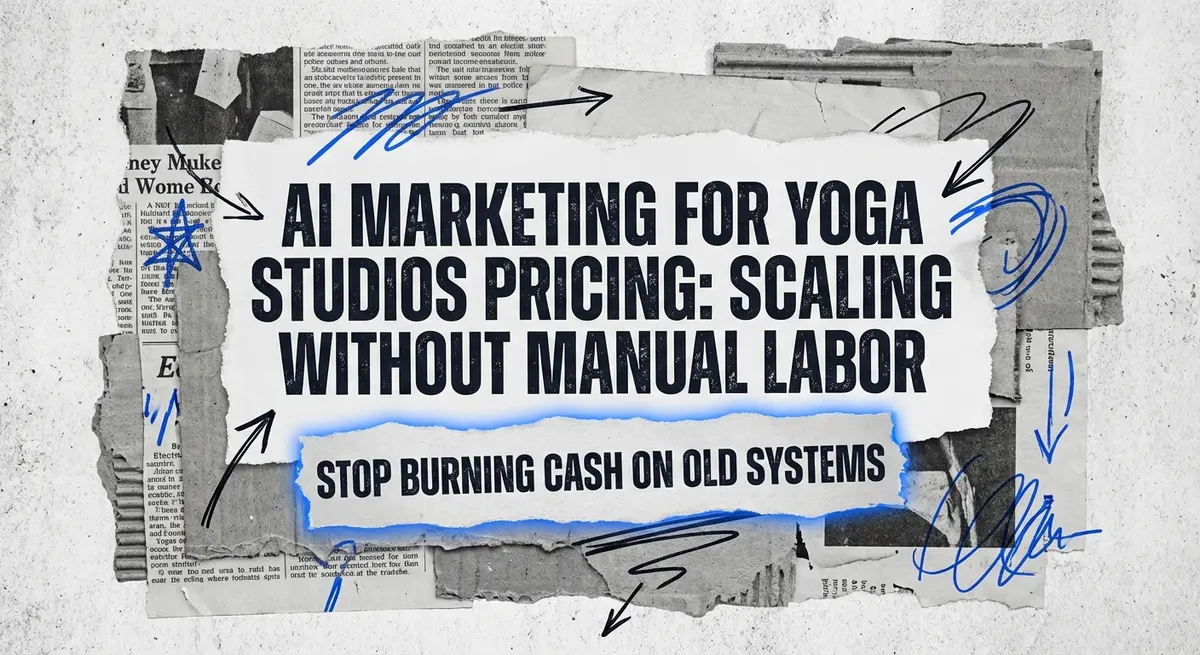Torn paper collage featuring the title AI Marketing for Yoga Studios Pricing with electric blue accents