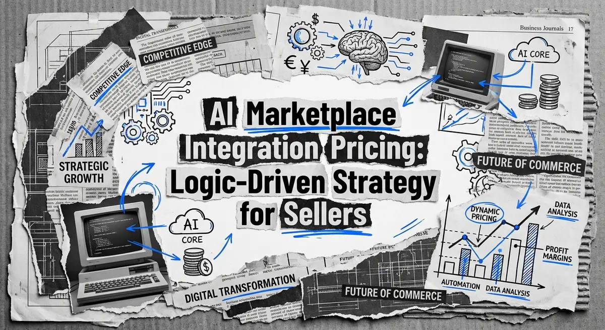 AI marketplace integration pricing strategy collage with torn paper and electric blue accents