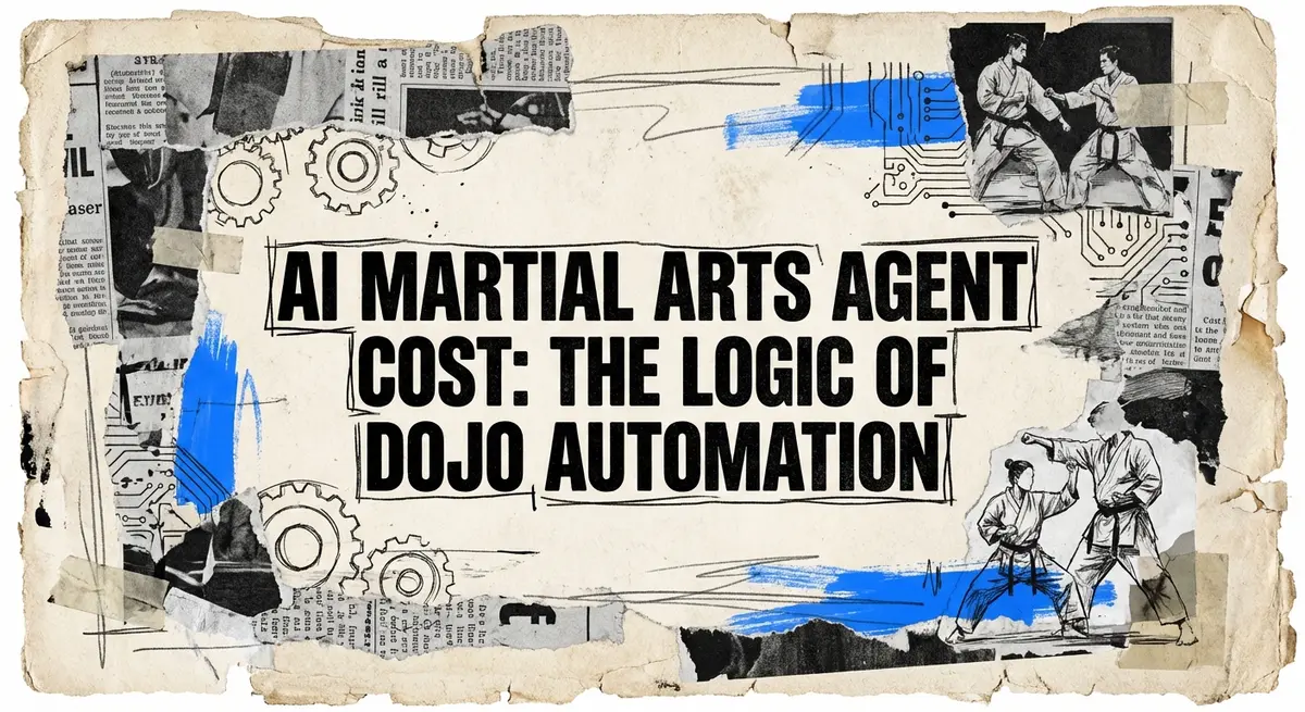 AI martial arts agent cost analysis collage with torn paper and electric blue accents