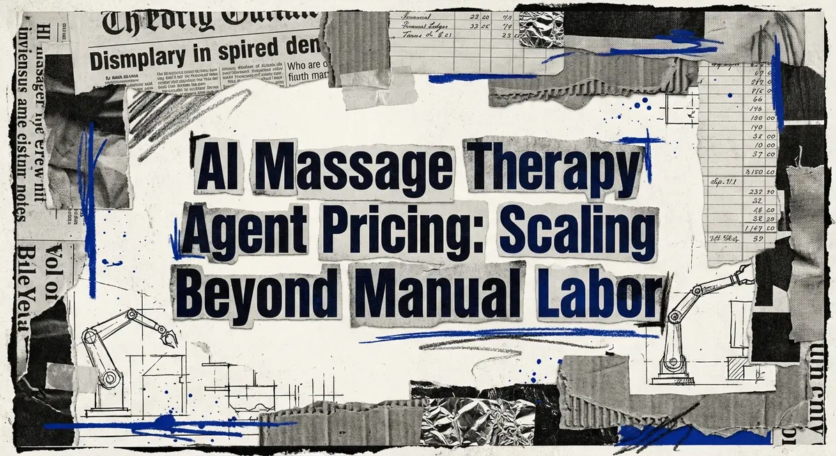 AI Massage Therapy Agent Pricing collage with torn paper and electric blue accents