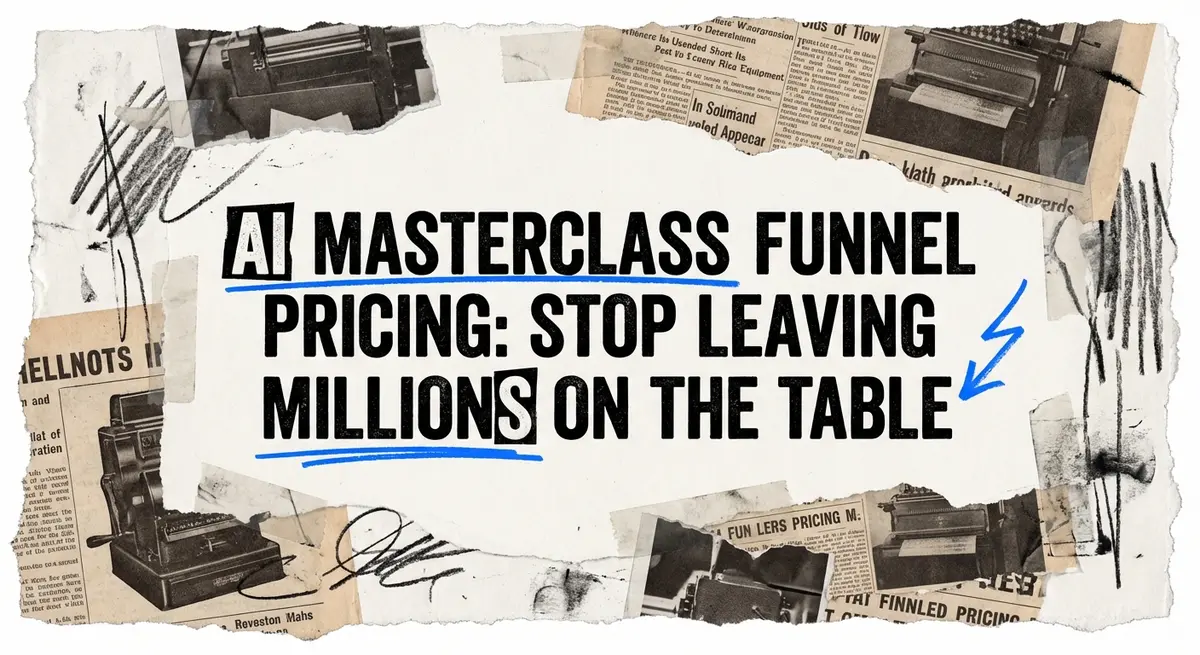 AI masterclass funnel pricing strategy visualization using torn paper collage style