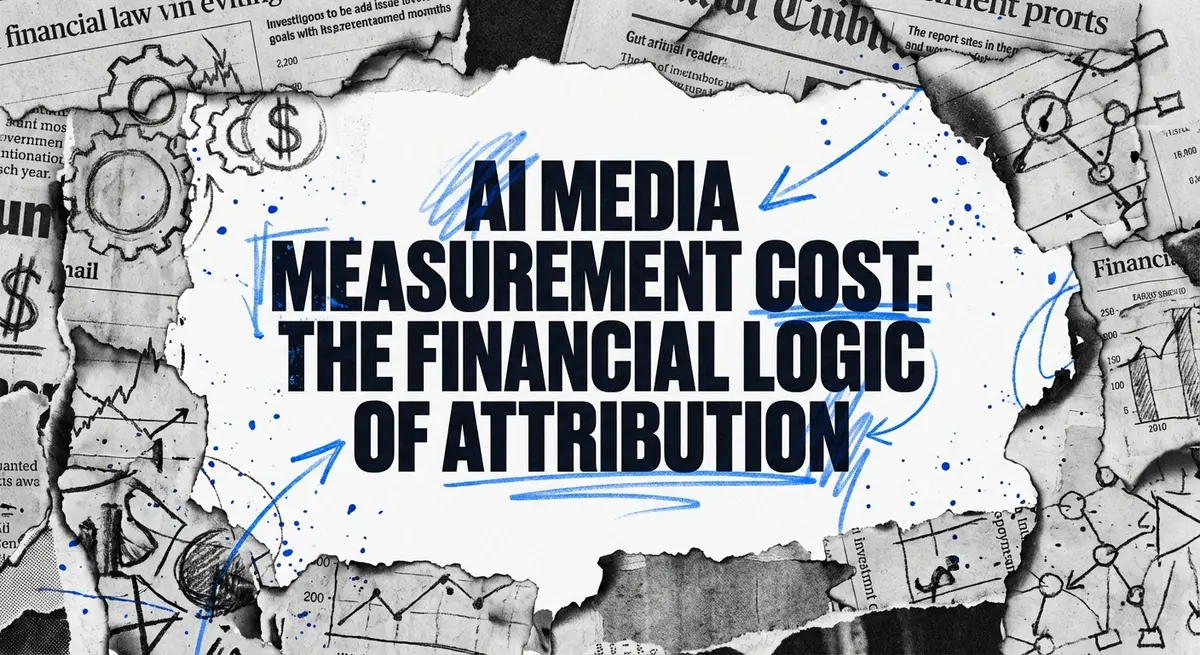 AI Media Measurement Cost collage with torn paper and blue accents