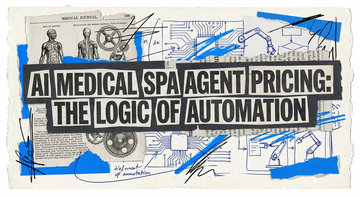 AI medical spa agent pricing collage with torn paper and electric blue accents