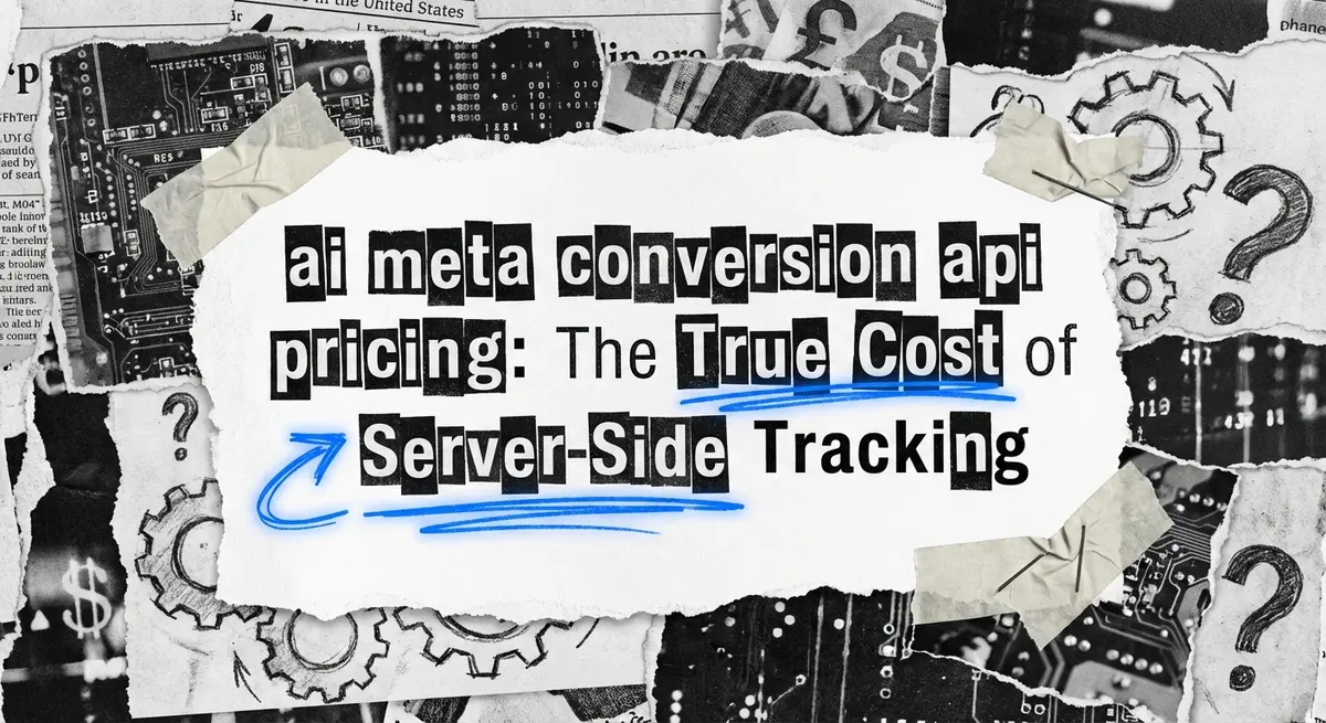 AI Meta Conversion API Pricing collage with torn paper effect showing server-side tracking costs