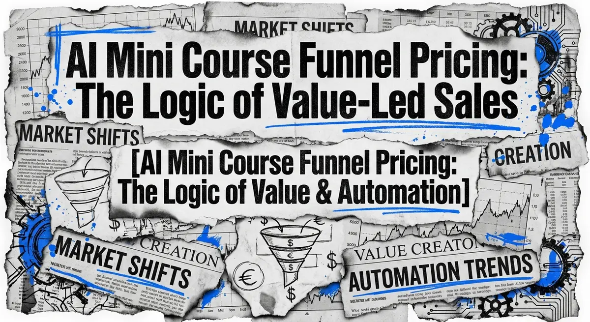 AI mini course funnel pricing strategy visualized with torn paper and electric blue accents