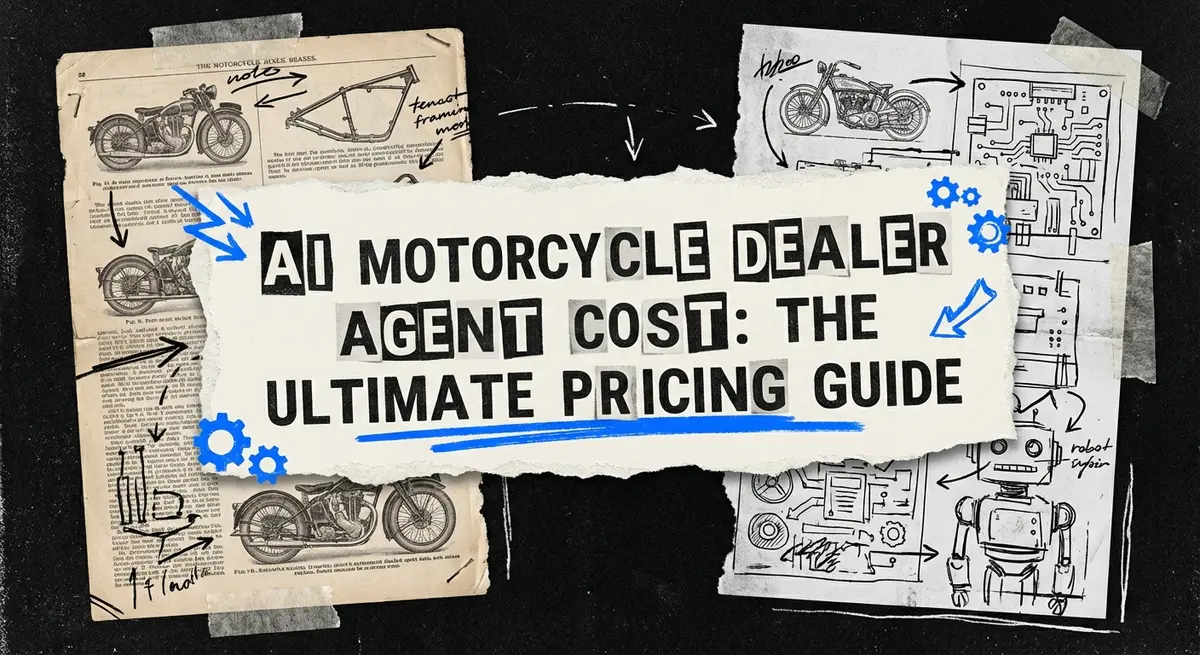 AI motorcycle dealer agent cost collage with torn paper and blue accents