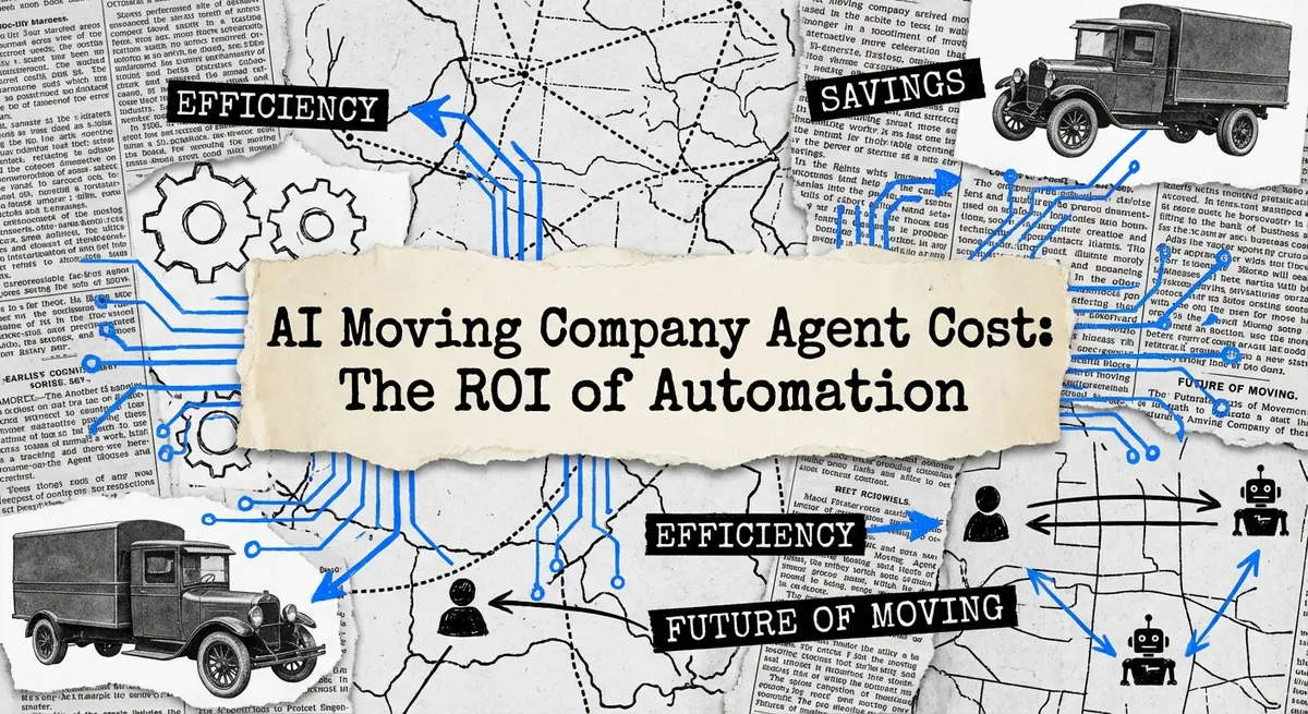 AI moving company agent cost collage with torn paper and electric blue accents