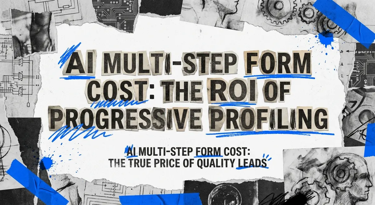AI multi-step form cost collage showing broken barriers to lead generation
