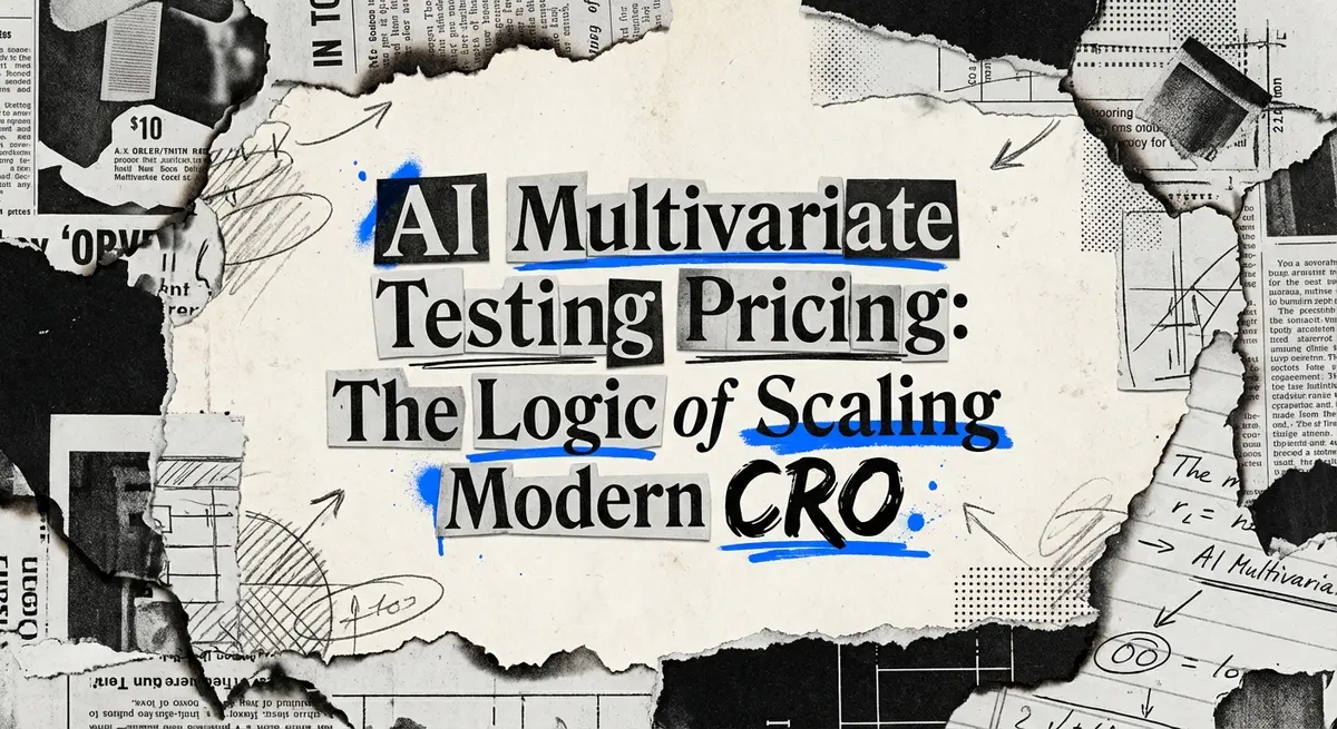 AI multivariate testing pricing guide collage with torn paper and #0066FF accents