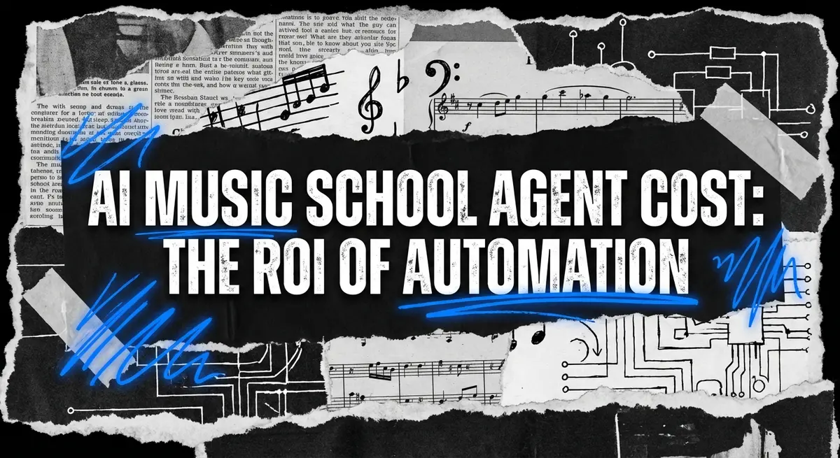 Torn paper collage illustration featuring the text AI Music School Agent Cost with electric blue accents