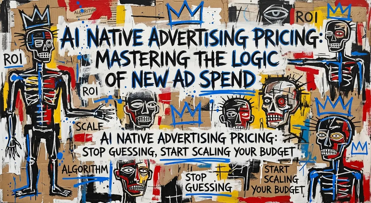 AI native advertising pricing abstract art basquiat style with blue accents