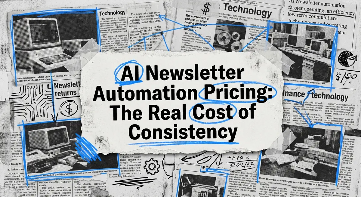 AI newsletter automation pricing guide collage with torn paper and electric blue accents