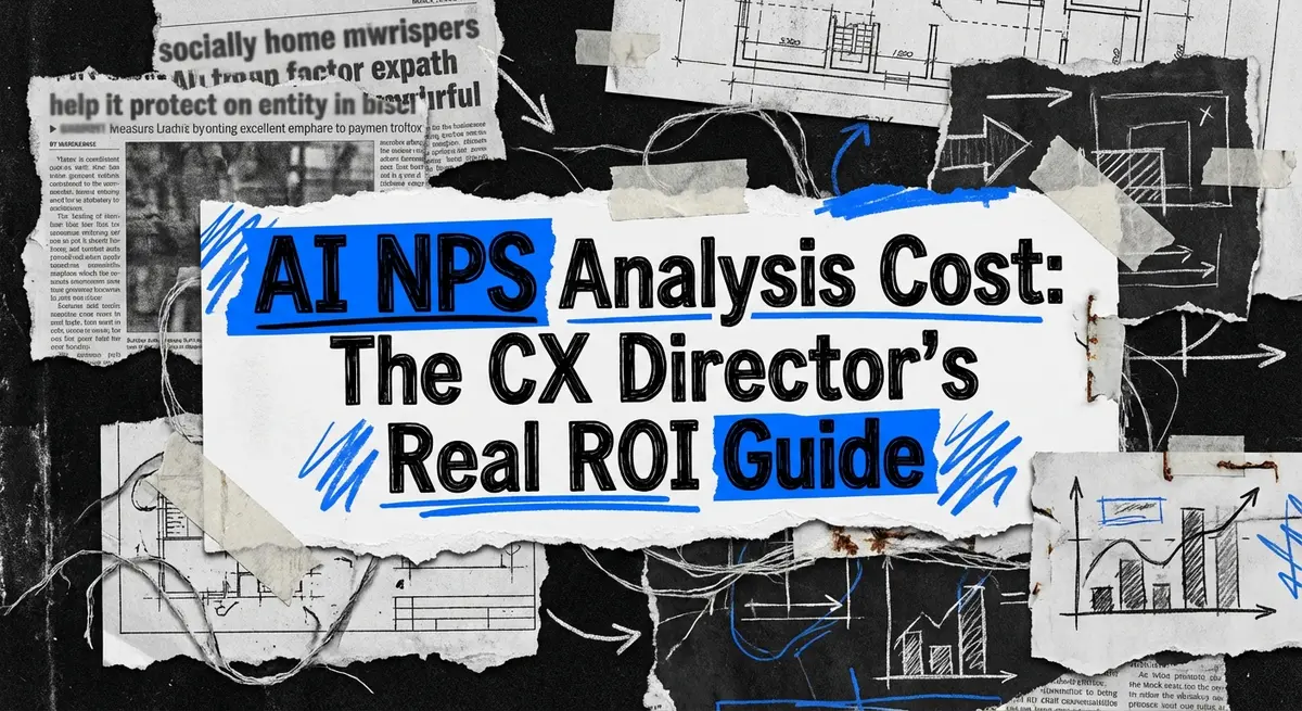 AI NPS Analysis Cost collage art with torn paper and electric blue accents