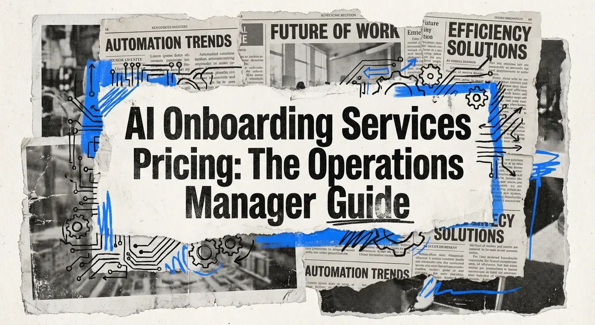 AI Onboarding Services Pricing The Operations Manager Guide torn paper collage with electric blue accents