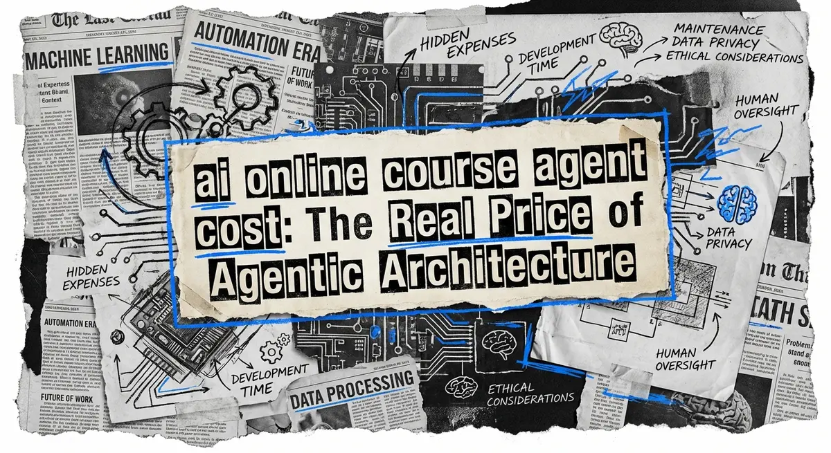 ai online course agent cost collage with torn paper and electric blue accents