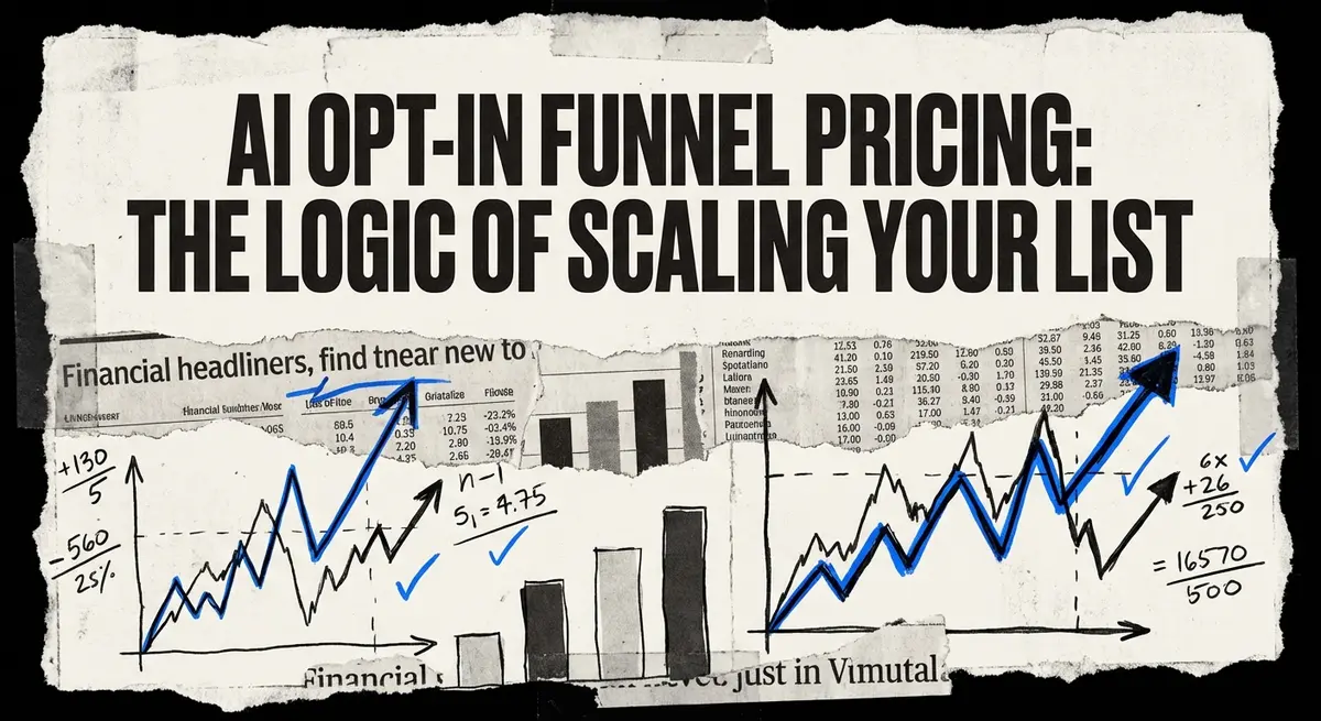 AI opt-in funnel pricing collage with torn paper and electric blue accents