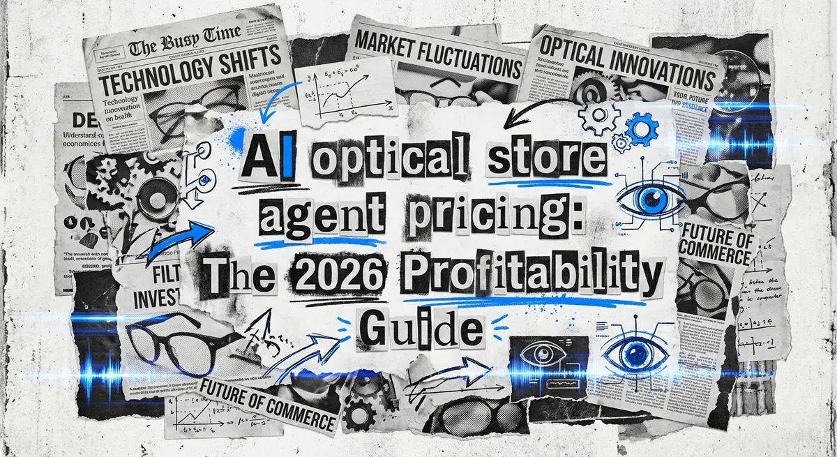 AI optical store agent pricing guide featuring a torn paper collage design with electric blue accents