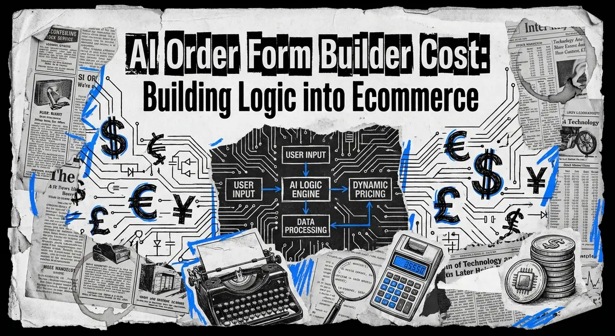 AI Order Form Builder Cost artistic collage with torn paper and digital elements