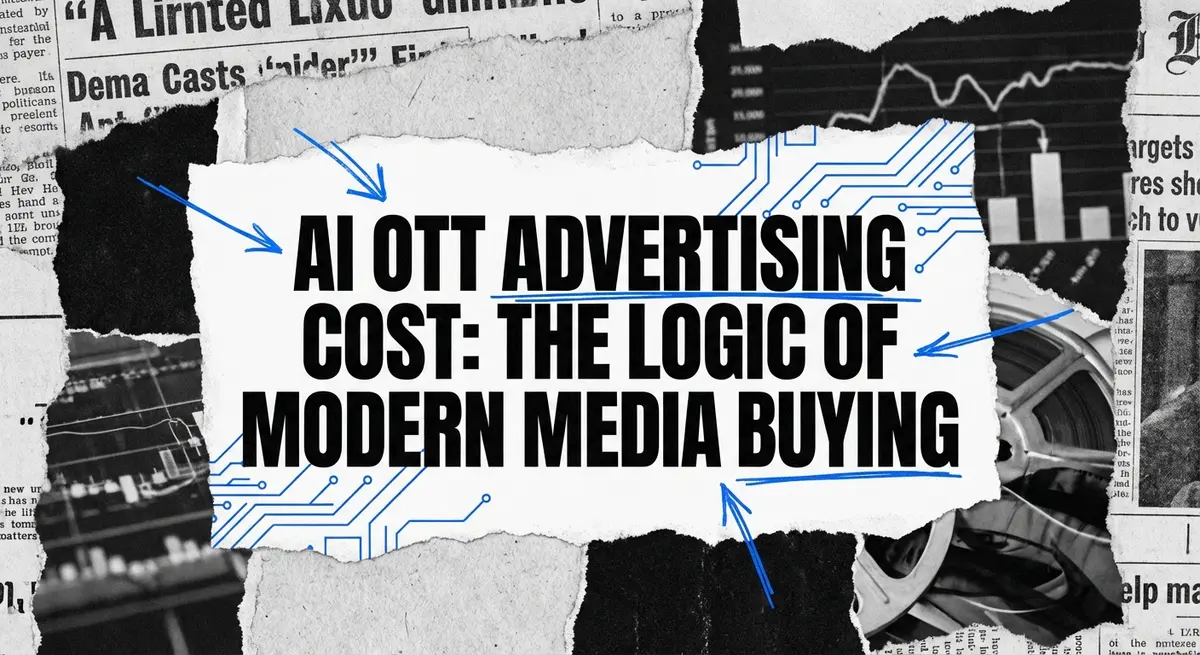 AI OTT Advertising Cost conceptual collage with torn paper and electric blue accents