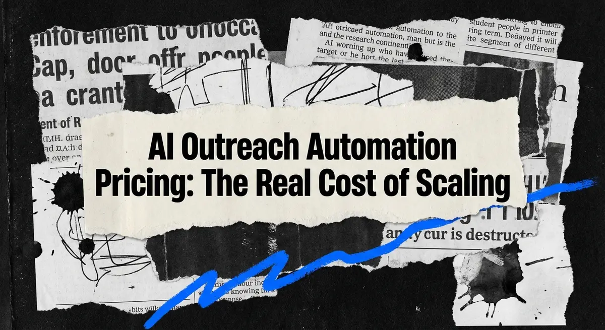 AI outreach automation pricing collage with torn paper and electric blue accents