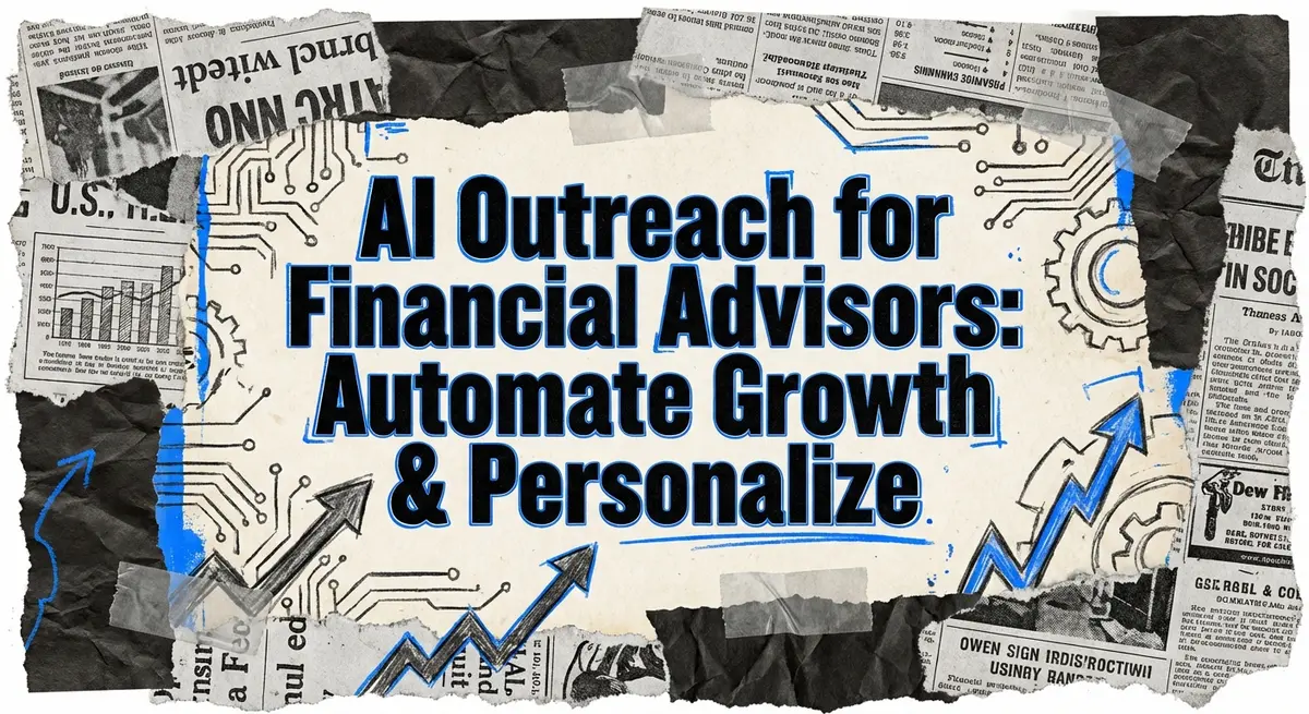 AI outreach for financial advisors collage with torn paper and blue accents