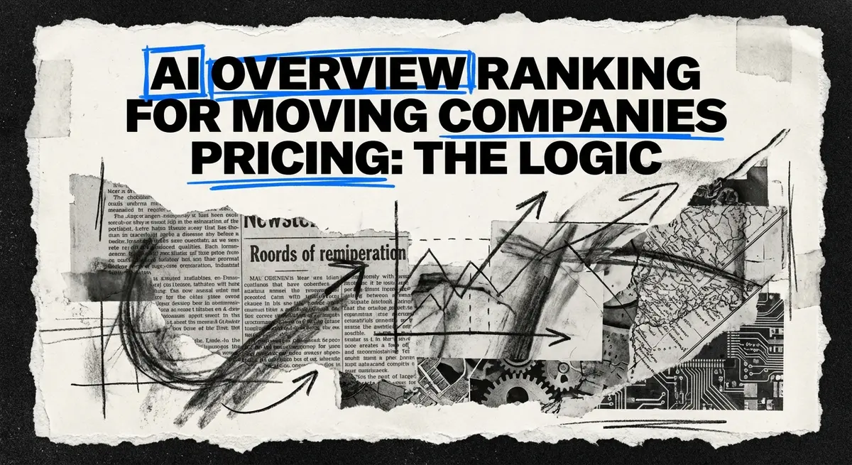 Torn paper collage featuring ai overview ranking for moving companies pricing text in electric blue