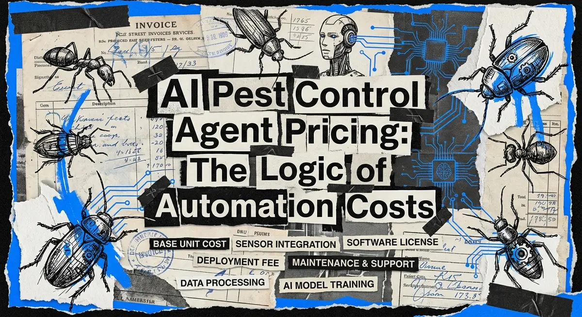AI pest control agent pricing collage with torn paper and electric blue accents