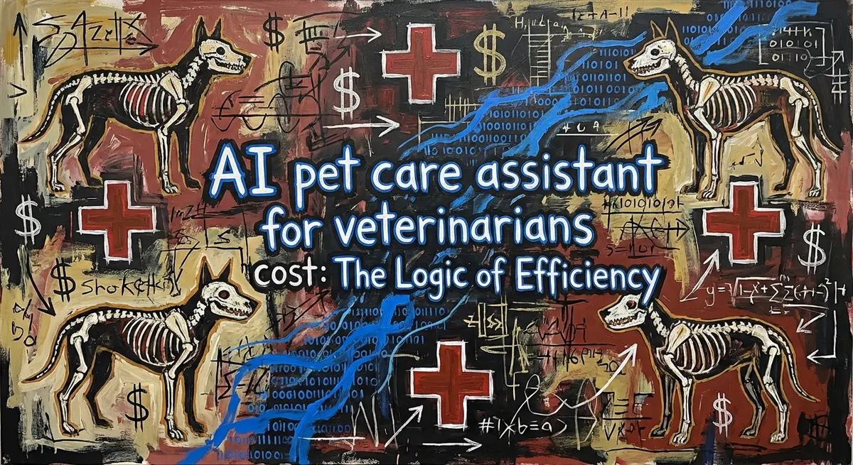Basquiat style art depicting ai pet care assistant for veterinarians cost and efficiency